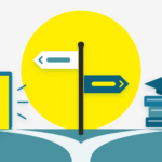 Wegweiser an einer Weggabelung, links zu einer offenen Tür für freie Gewerbe, rechts zu Büchern mit Doktorhut für reglementierte Gewerbe.