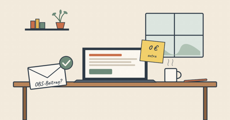 Schreibtisch mit Laptop und Brief ‚OBS-Beitrag?‘ – Coworking und Virtual Office in der PostWerkStatt Ottensheim.